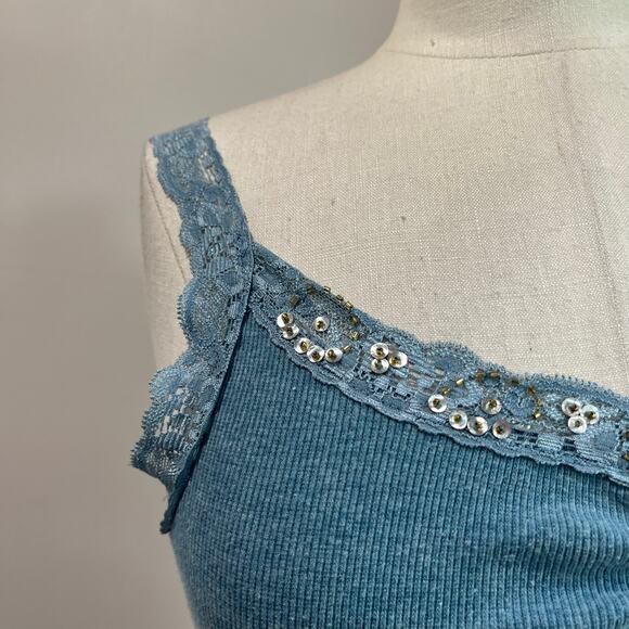 Energie Y2K 90s Blue Lace Trim Embellished Ribbed Fitted Tank Top Sz Large - Picture 4 of 8